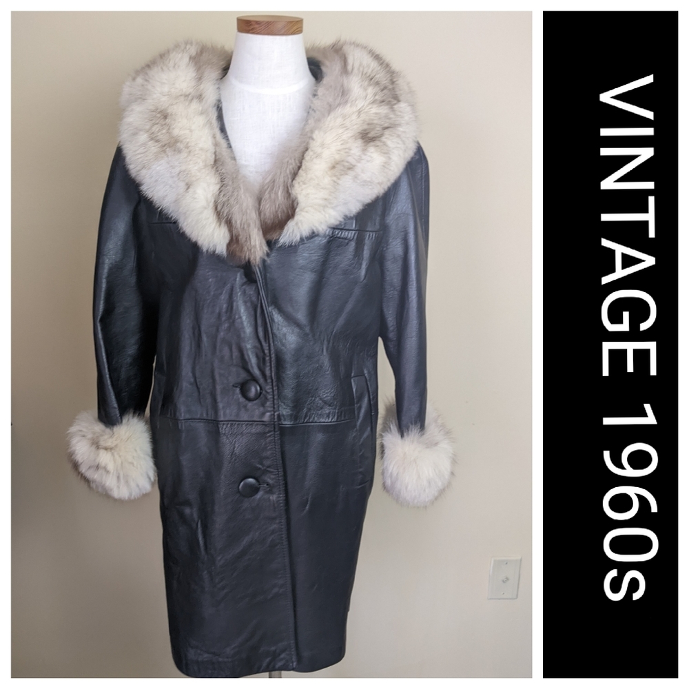 Vtg 60s black leather fur trim dress coat